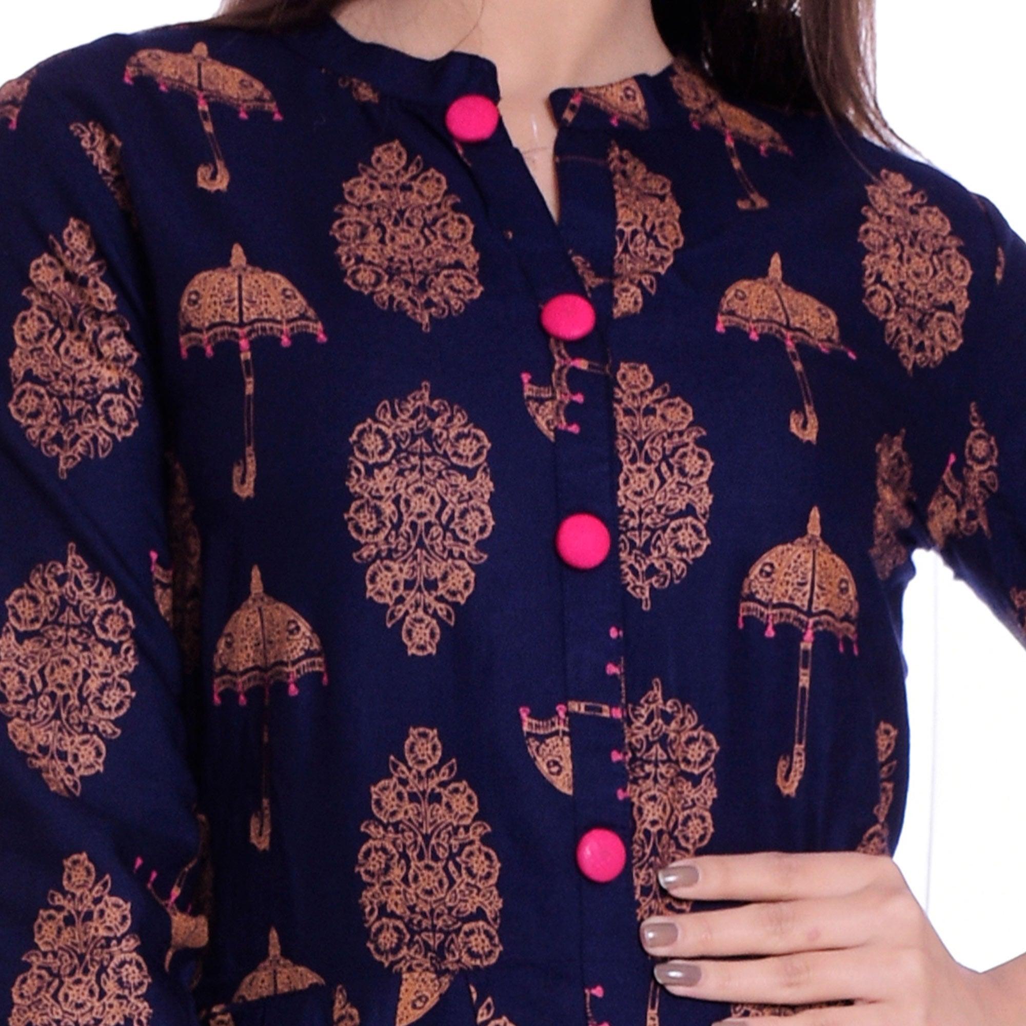 Navy Blue Printed Rayon Kurti - Peachmode