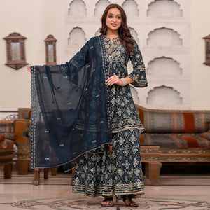 Navy Blue Printed Rayon Sharara Suit - Peachmode