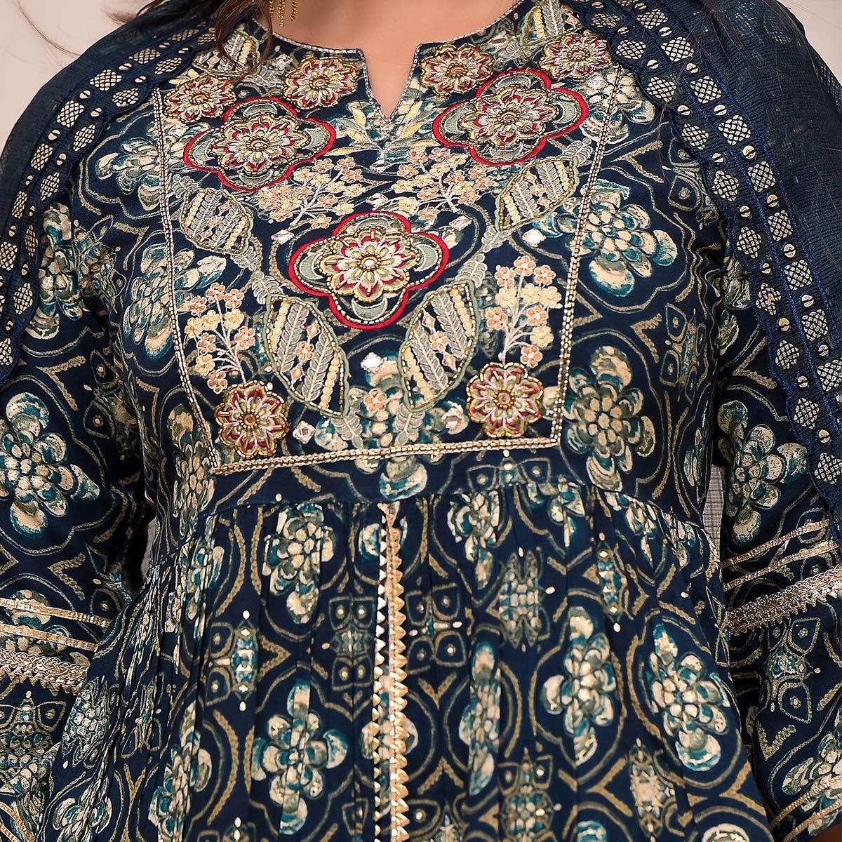 Navy Blue Printed Rayon Sharara Suit - Peachmode