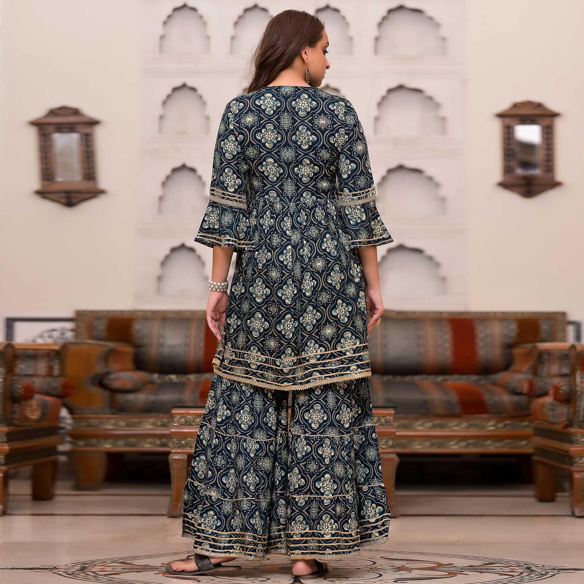 Navy Blue Printed Rayon Sharara Suit - Peachmode
