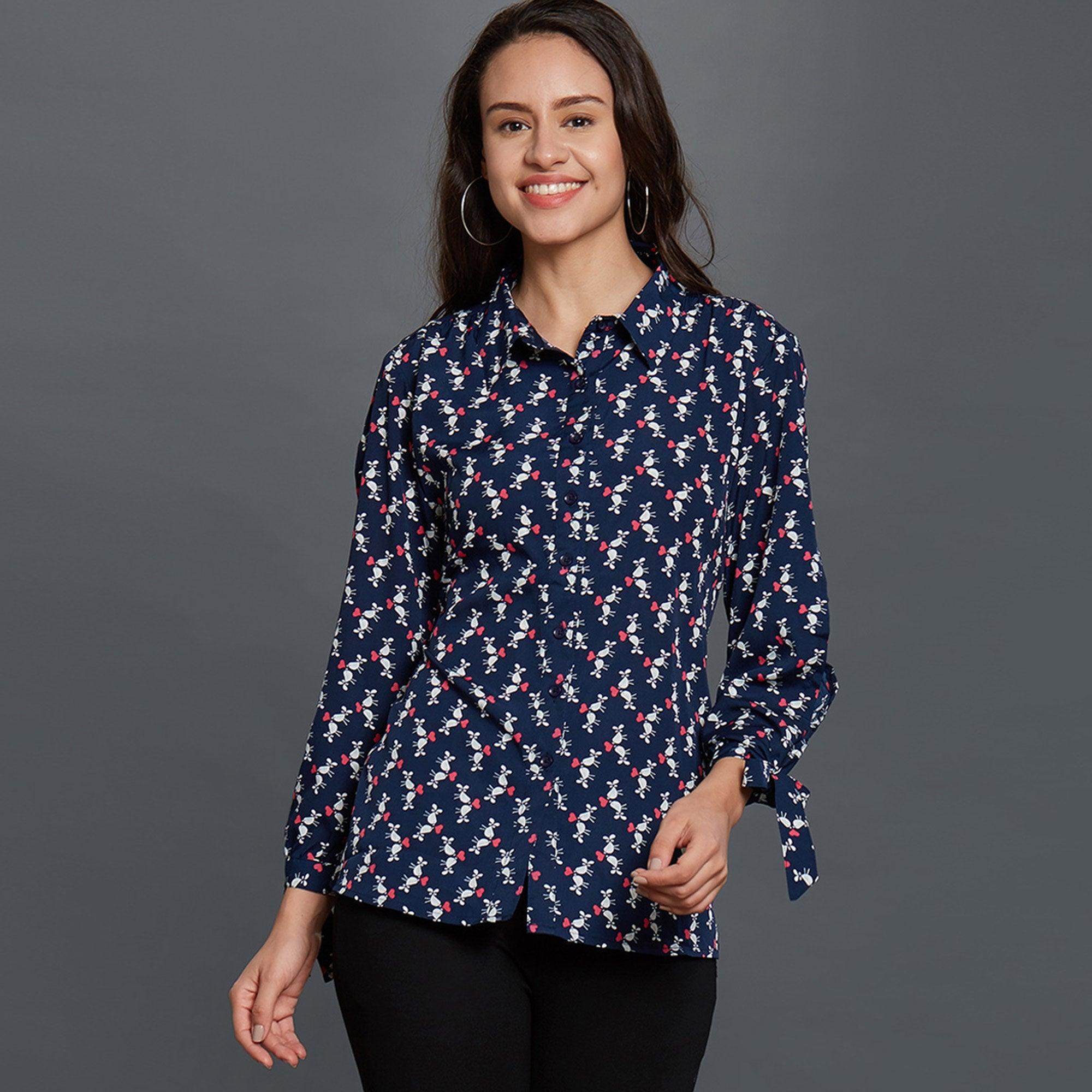 Navy Blue Printed Rayon Top - Peachmode