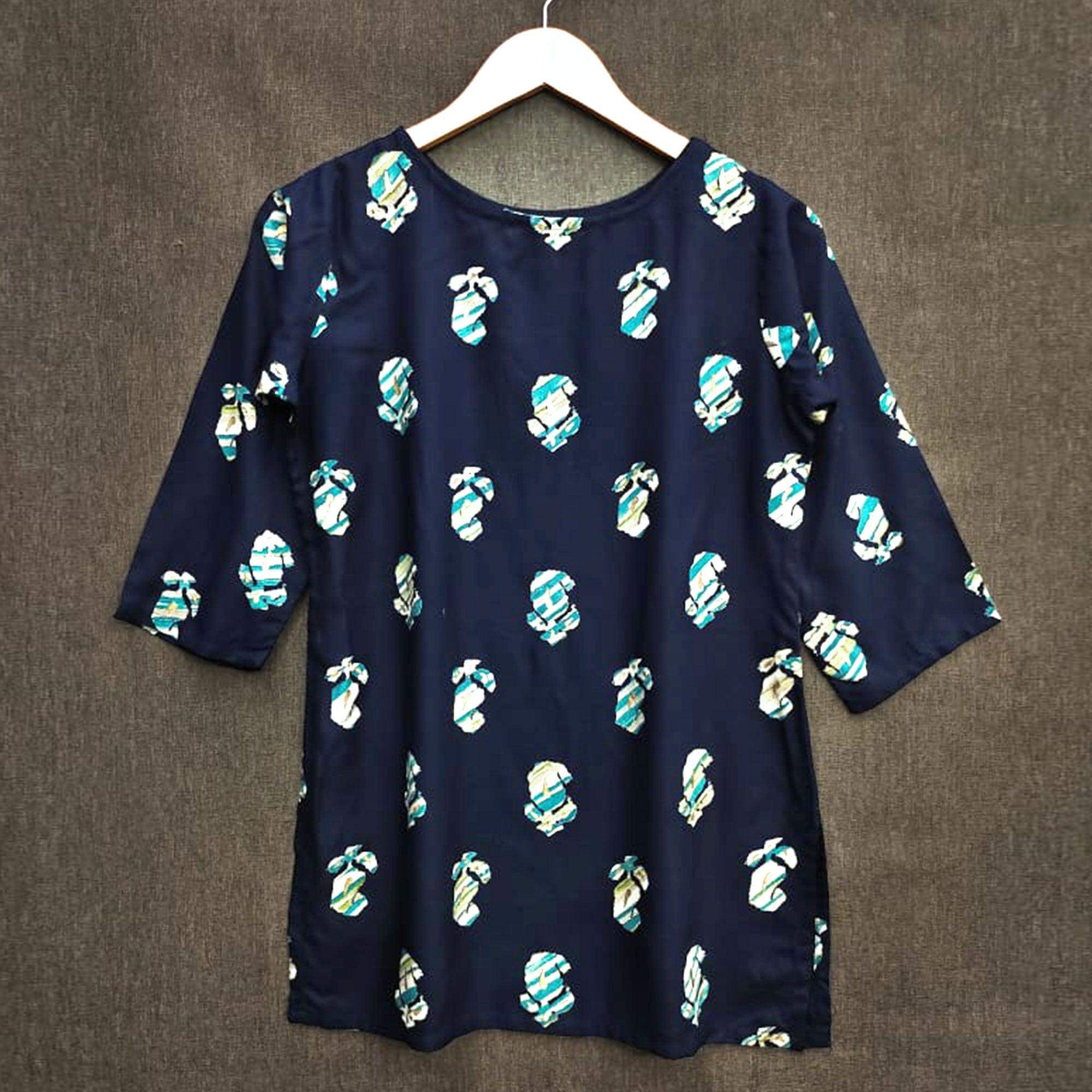 Navy Blue Printed Rayon Top - Peachmode