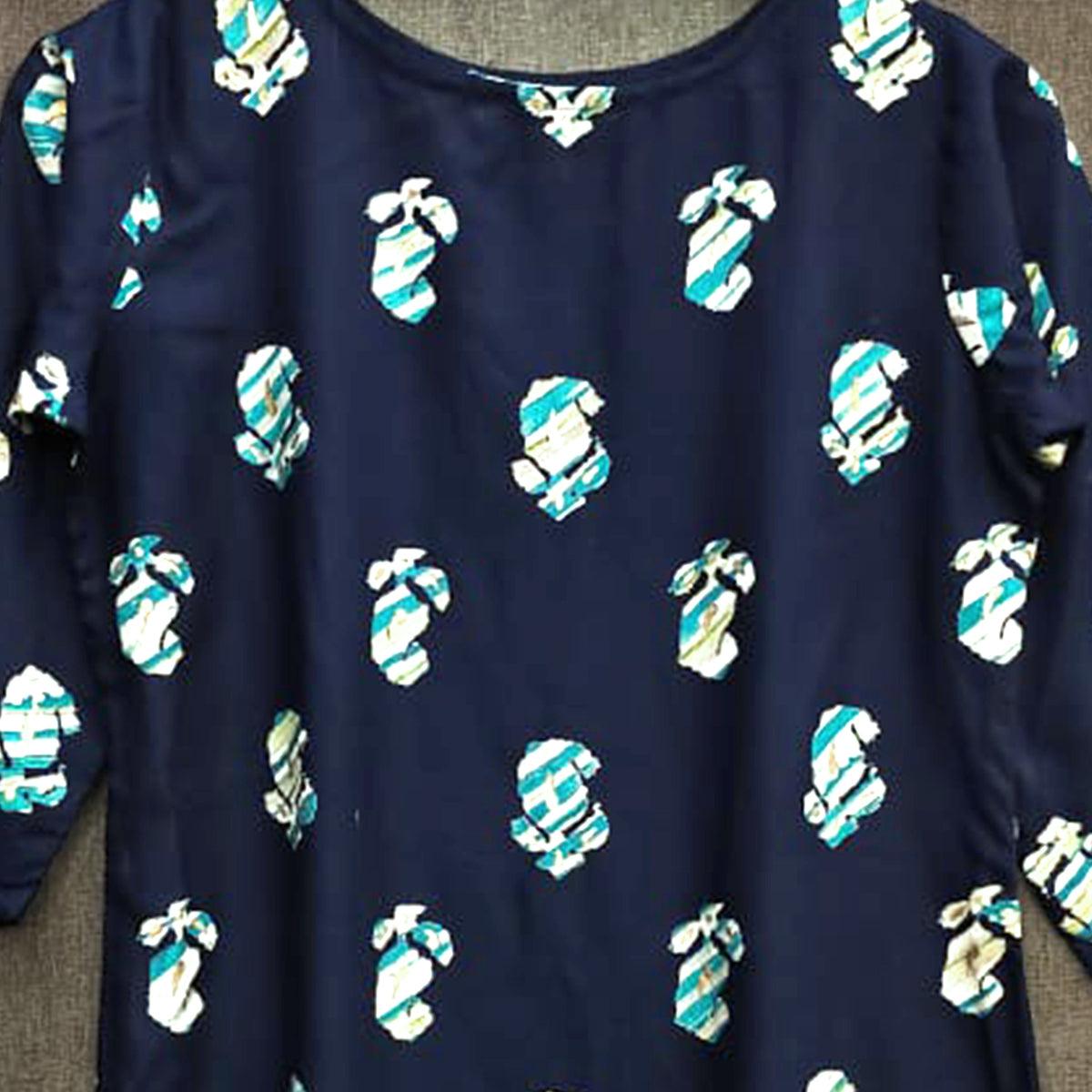 Navy Blue Printed Rayon Top - Peachmode