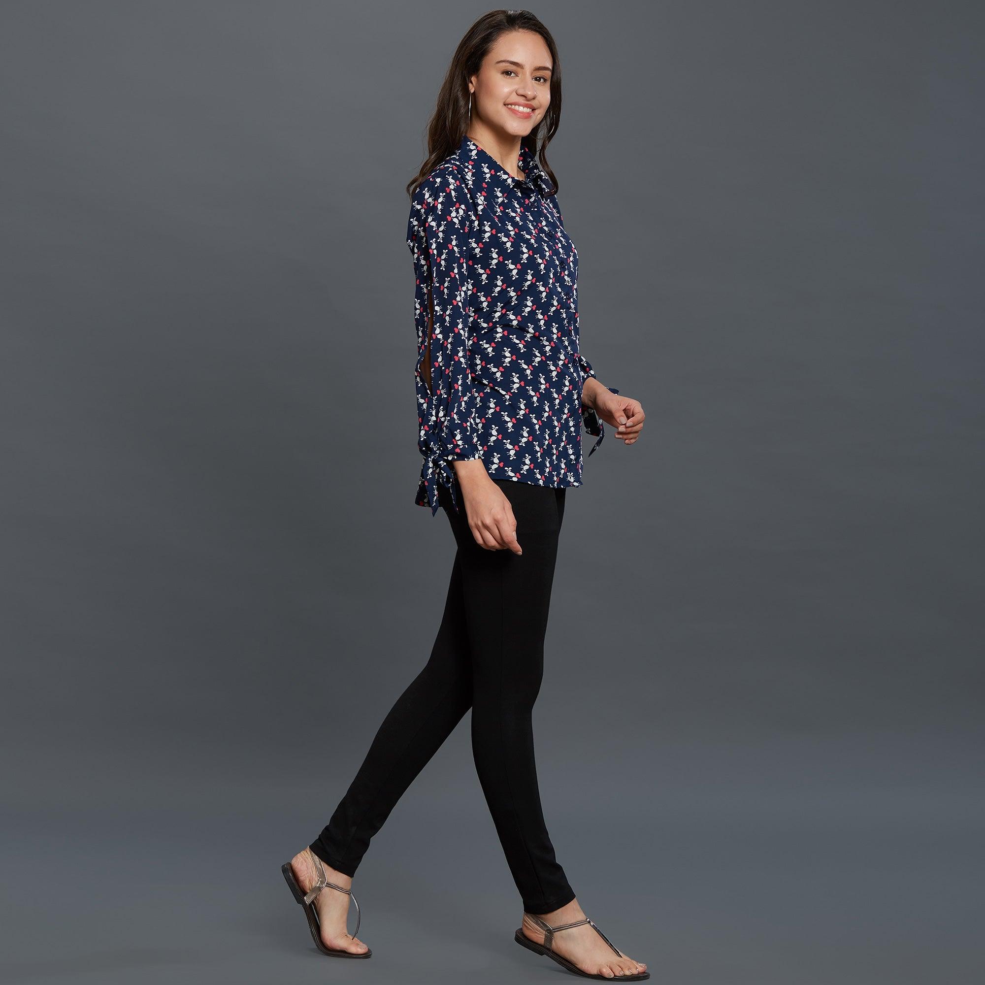 Navy Blue Printed Rayon Top - Peachmode