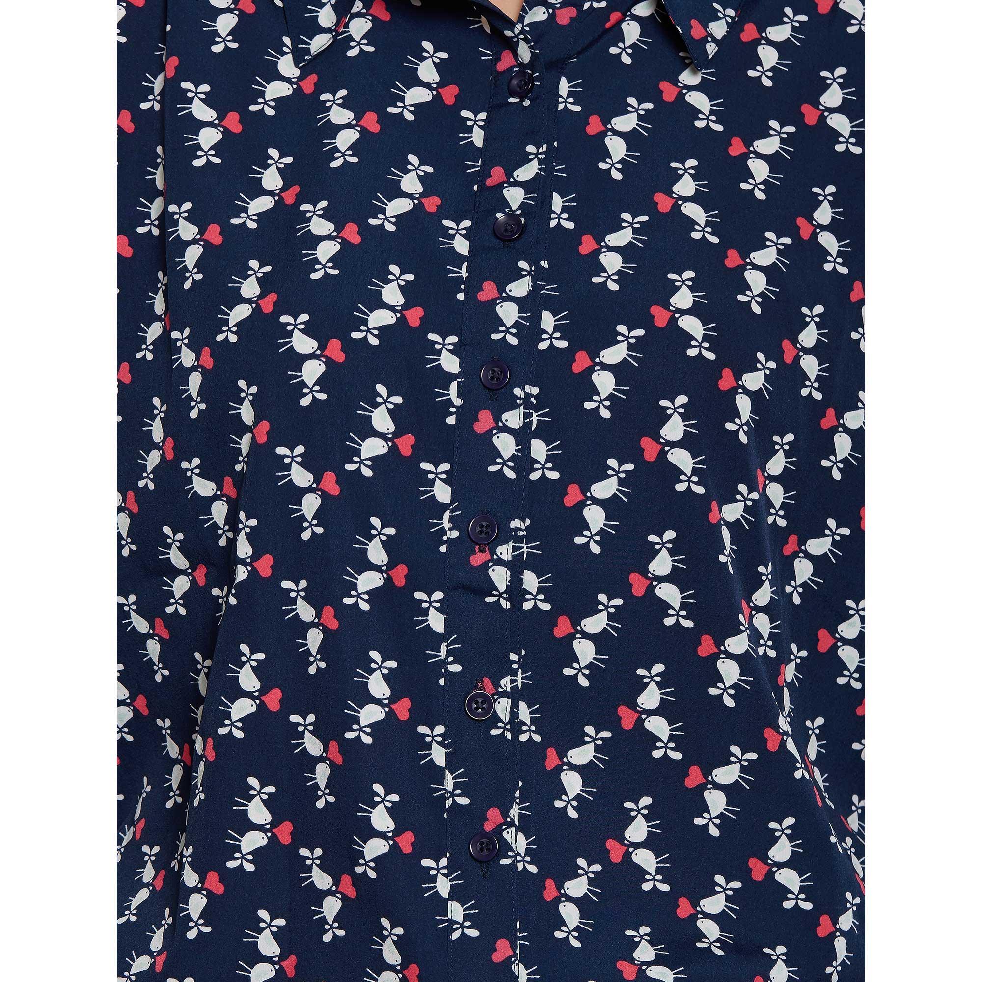 Navy Blue Printed Rayon Top - Peachmode