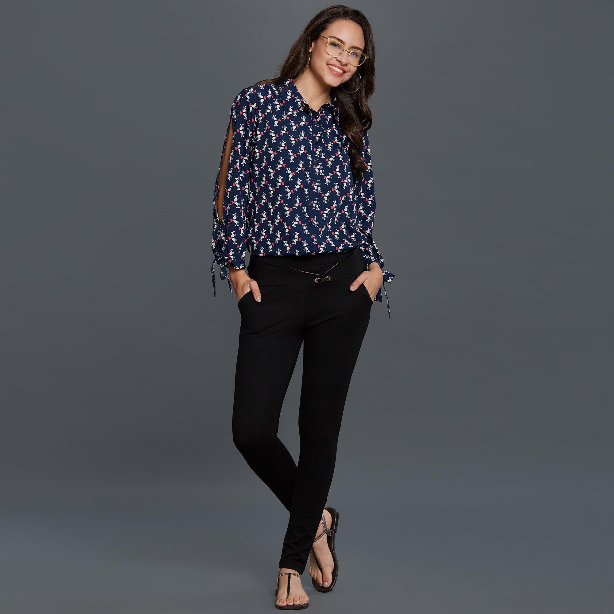 Navy Blue Printed Rayon Top - Peachmode