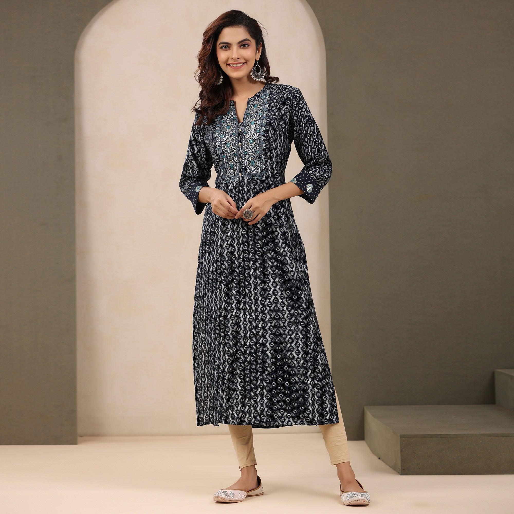 Navy Blue Printed With Embroidered Chanderi Kurti - Peachmode