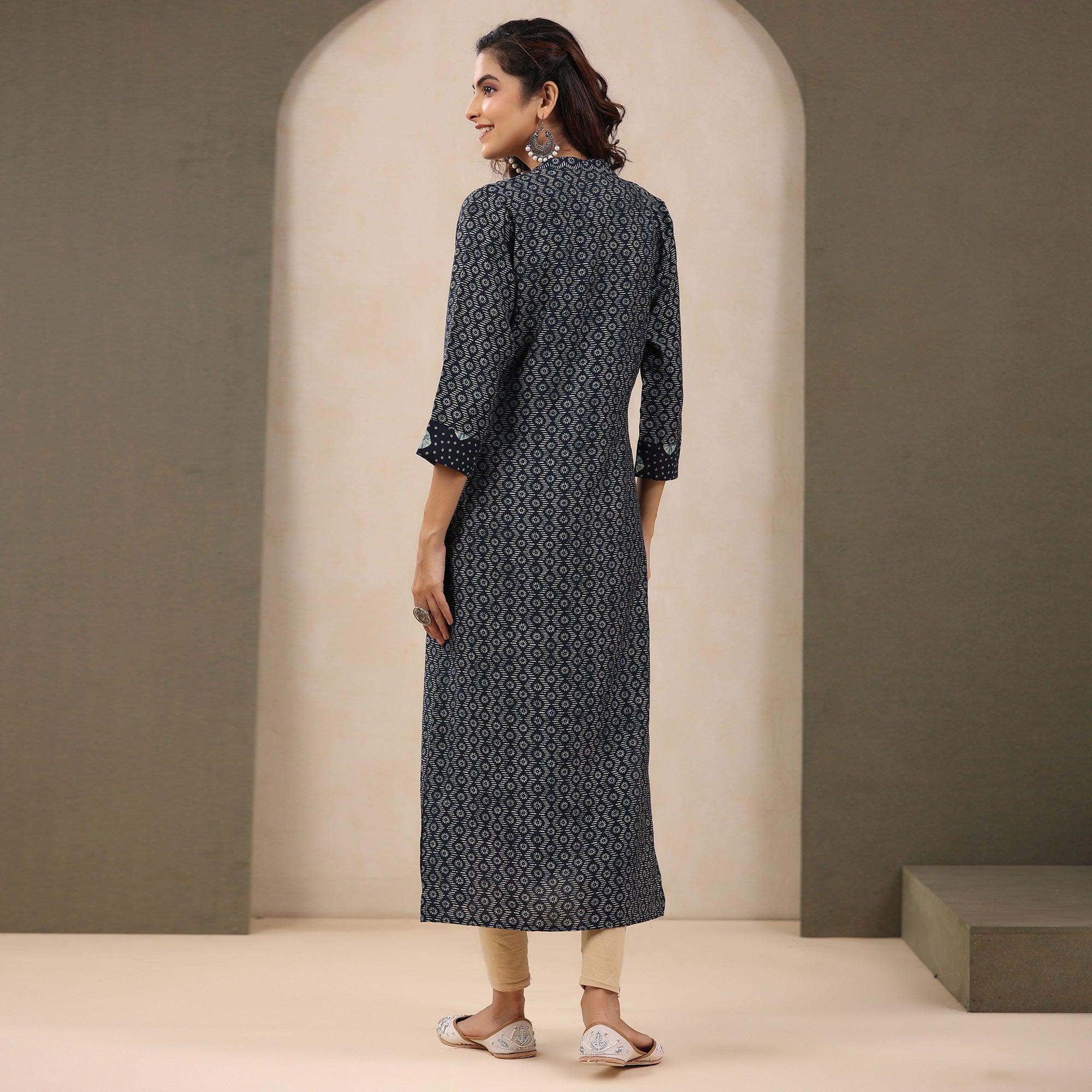 Navy Blue Printed With Embroidered Chanderi Kurti - Peachmode