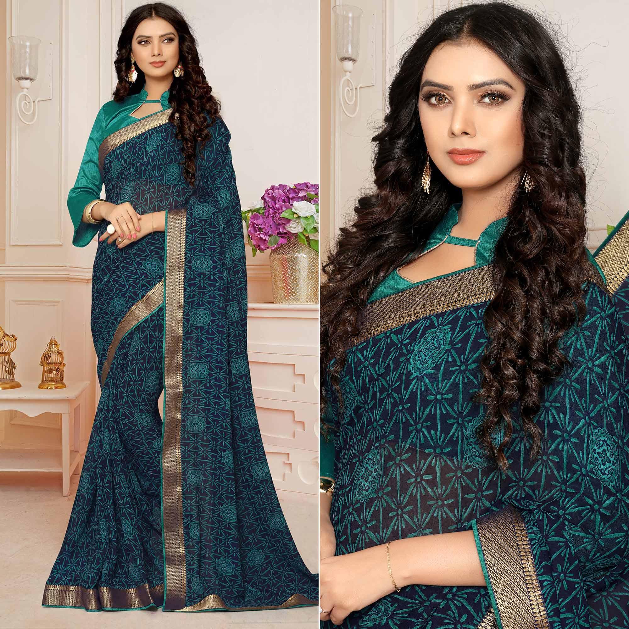 Navy Blue Printed With Woven Border Georgette Saree - Peachmode