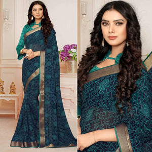 Navy Blue Printed With Woven Border Georgette Saree - Peachmode