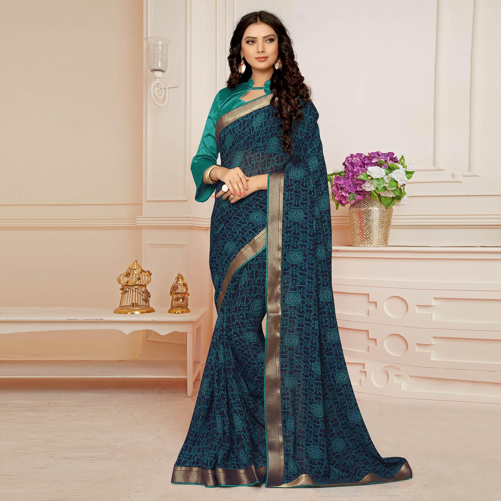 Navy Blue Printed With Woven Border Georgette Saree - Peachmode