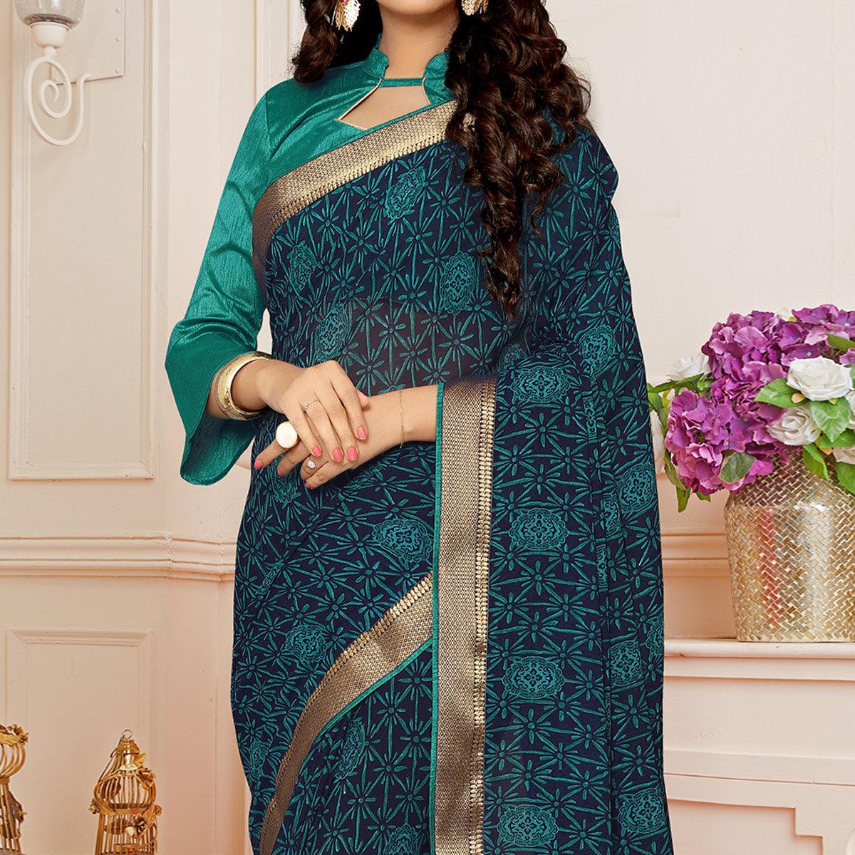Navy Blue Printed With Woven Border Georgette Saree - Peachmode
