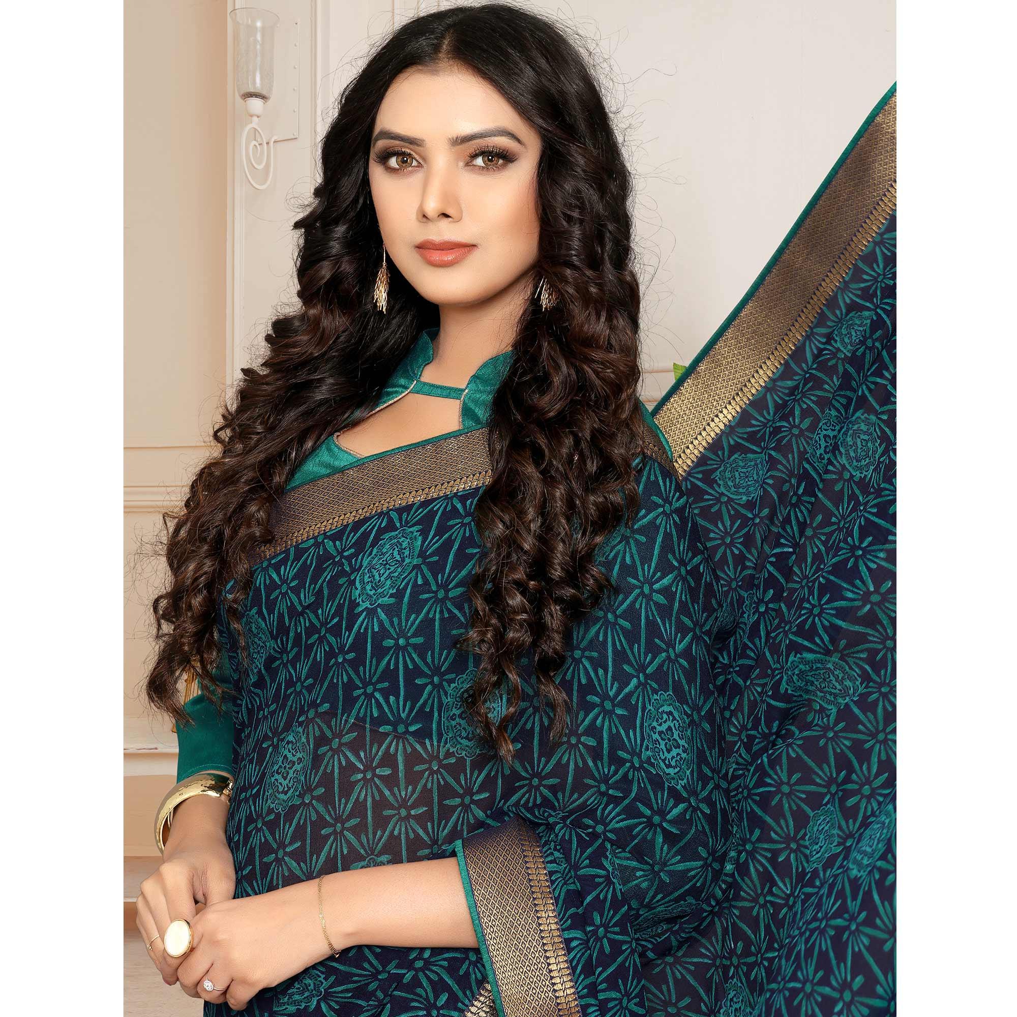 Navy Blue Printed With Woven Border Georgette Saree - Peachmode