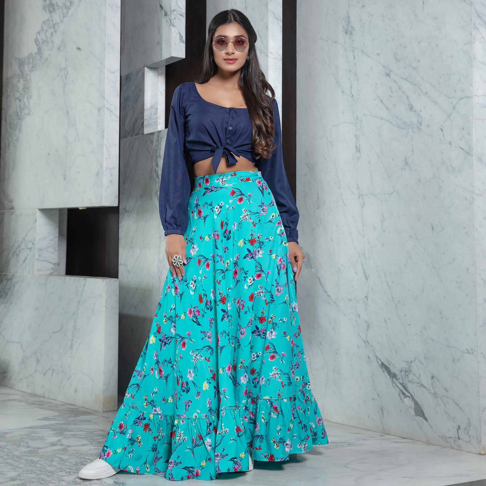 Navy Blue - Rama Sky Casual Wear Printed Cotton Top-Skirt Set - Peachmode