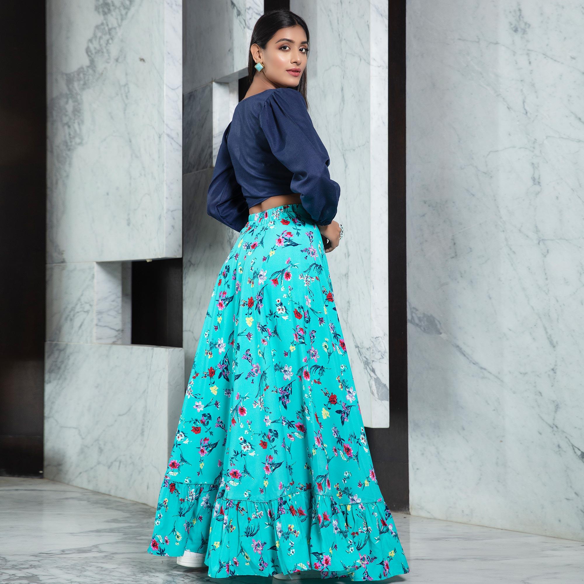 Navy Blue - Rama Sky Casual Wear Printed Cotton Top-Skirt Set - Peachmode