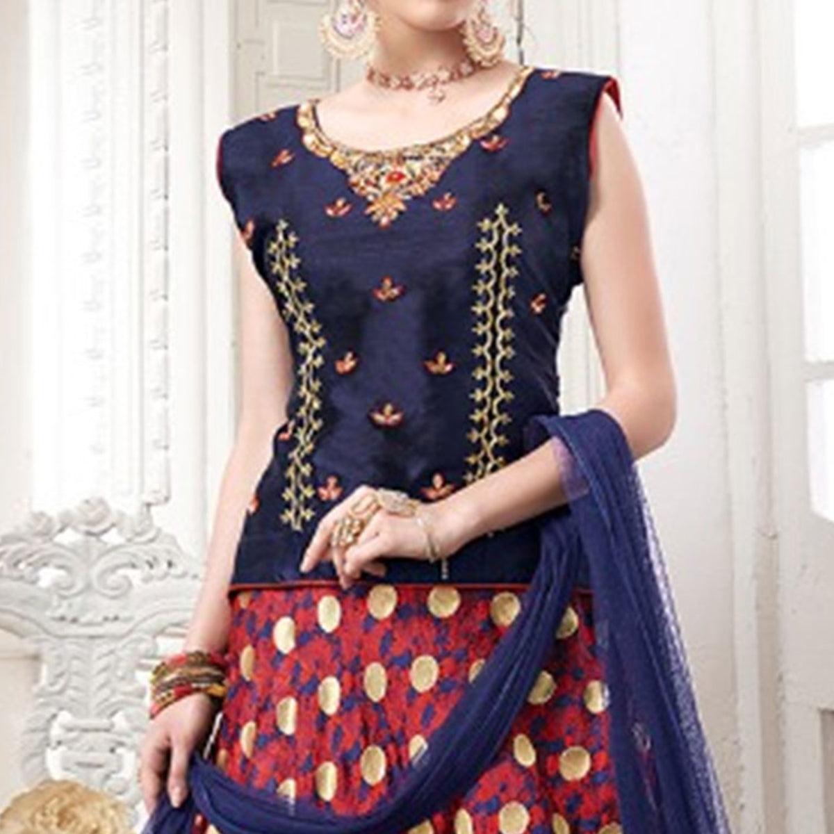 Navy Blue-Red Woven Jacquard Lehenga Choli - Peachmode