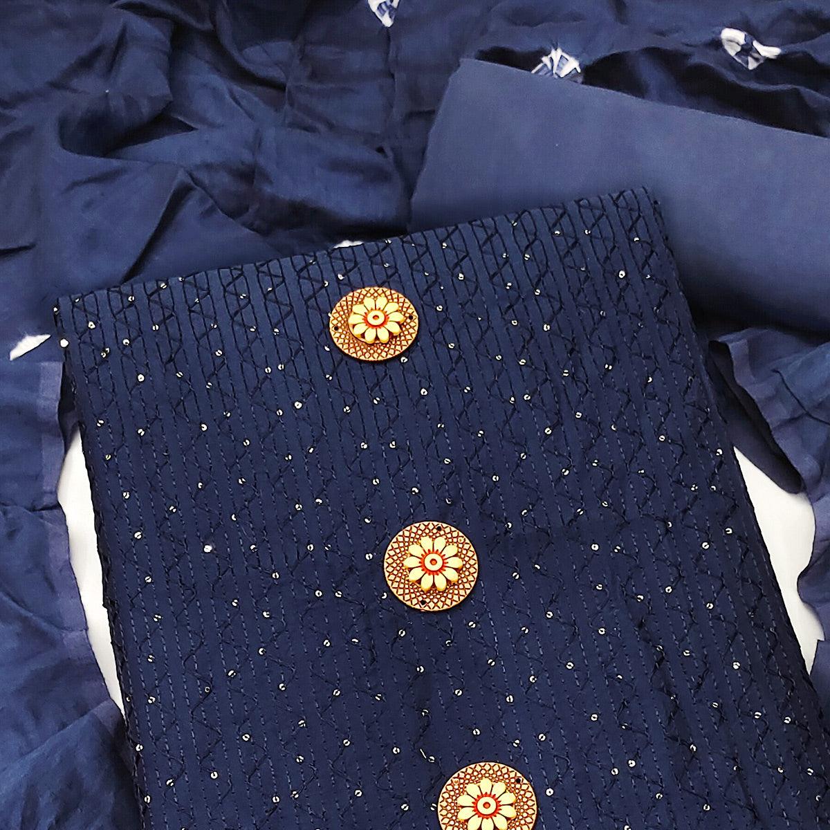 Navy Blue Sequence Embroidered Chanderi Dress Material - Peachmode