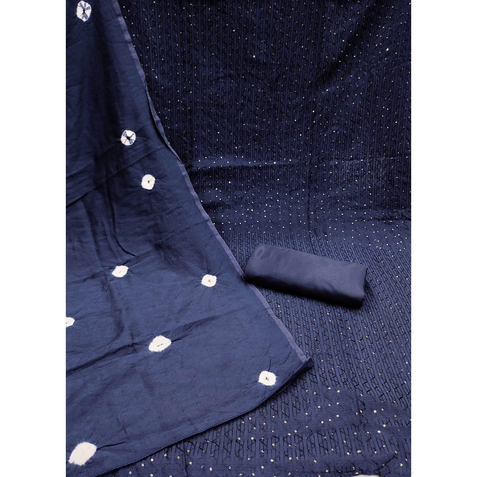 Navy Blue Sequence Embroidered Chanderi Dress Material - Peachmode
