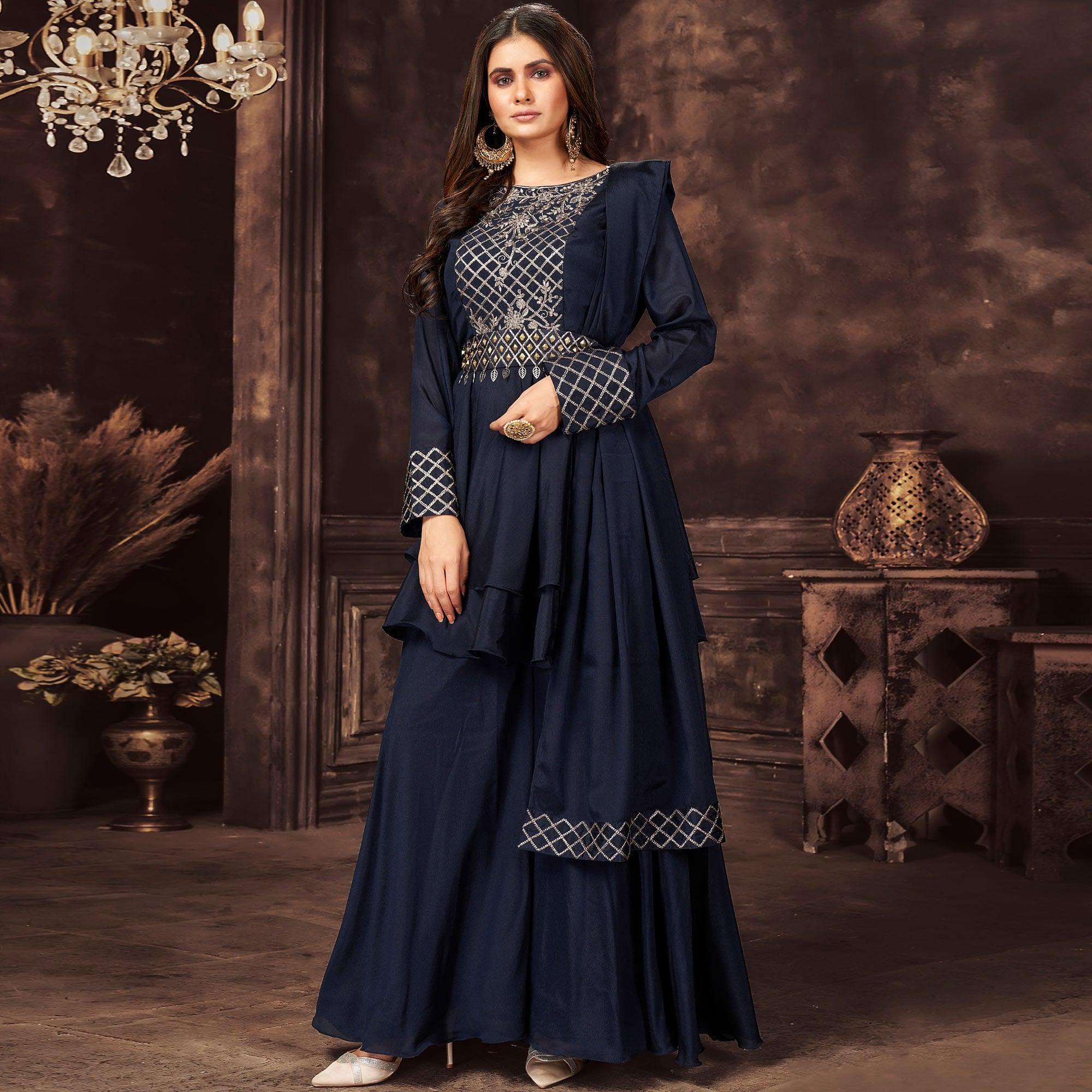 Navy Blue Sequence Embroidered Chiffon Sharara Suit - Peachmode