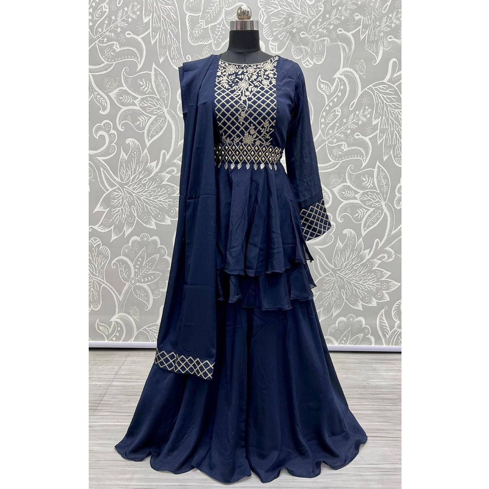 Navy Blue Sequence Embroidered Chiffon Sharara Suit - Peachmode