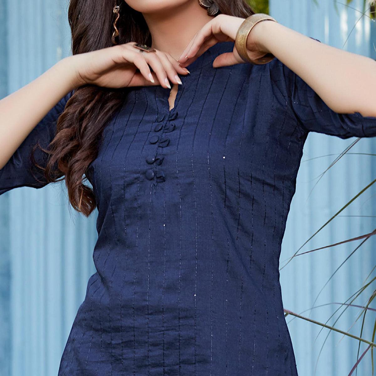 Navy Blue Sequence Embroidered Cotton Silk Top - Peachmode