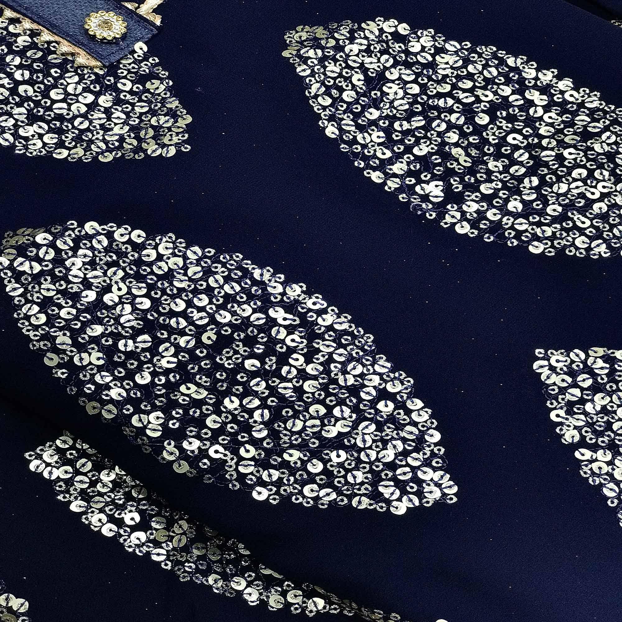 Navy Blue Sequence Embroidered Georgette Dress Material - Peachmode