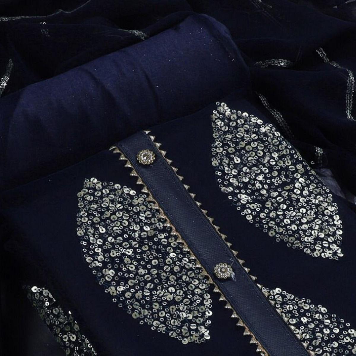 Navy Blue Sequence Embroidered Georgette Dress Material - Peachmode