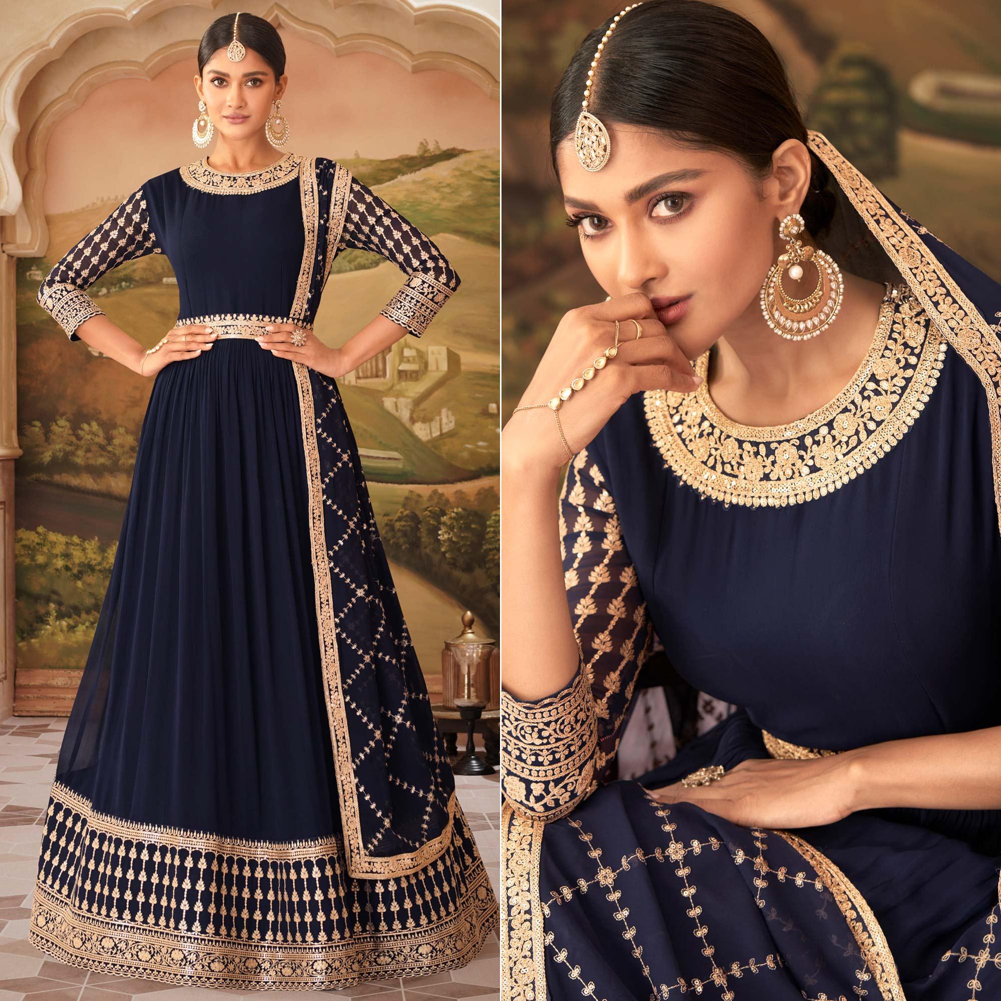 Navy Blue Sequence Embroidered Georgette Gown - Peachmode