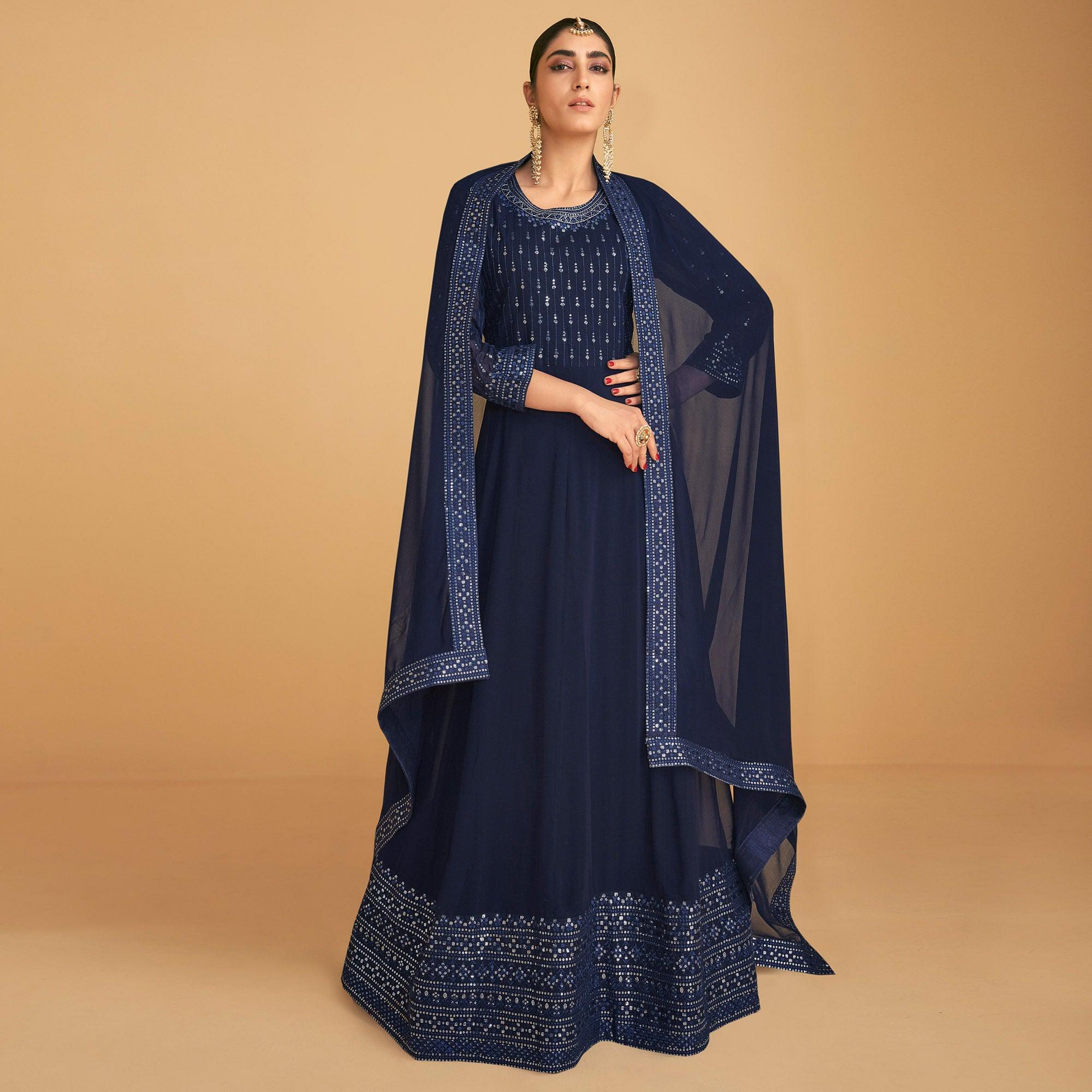 Navy Blue Sequence Embroidered Georgette Gown - Peachmode