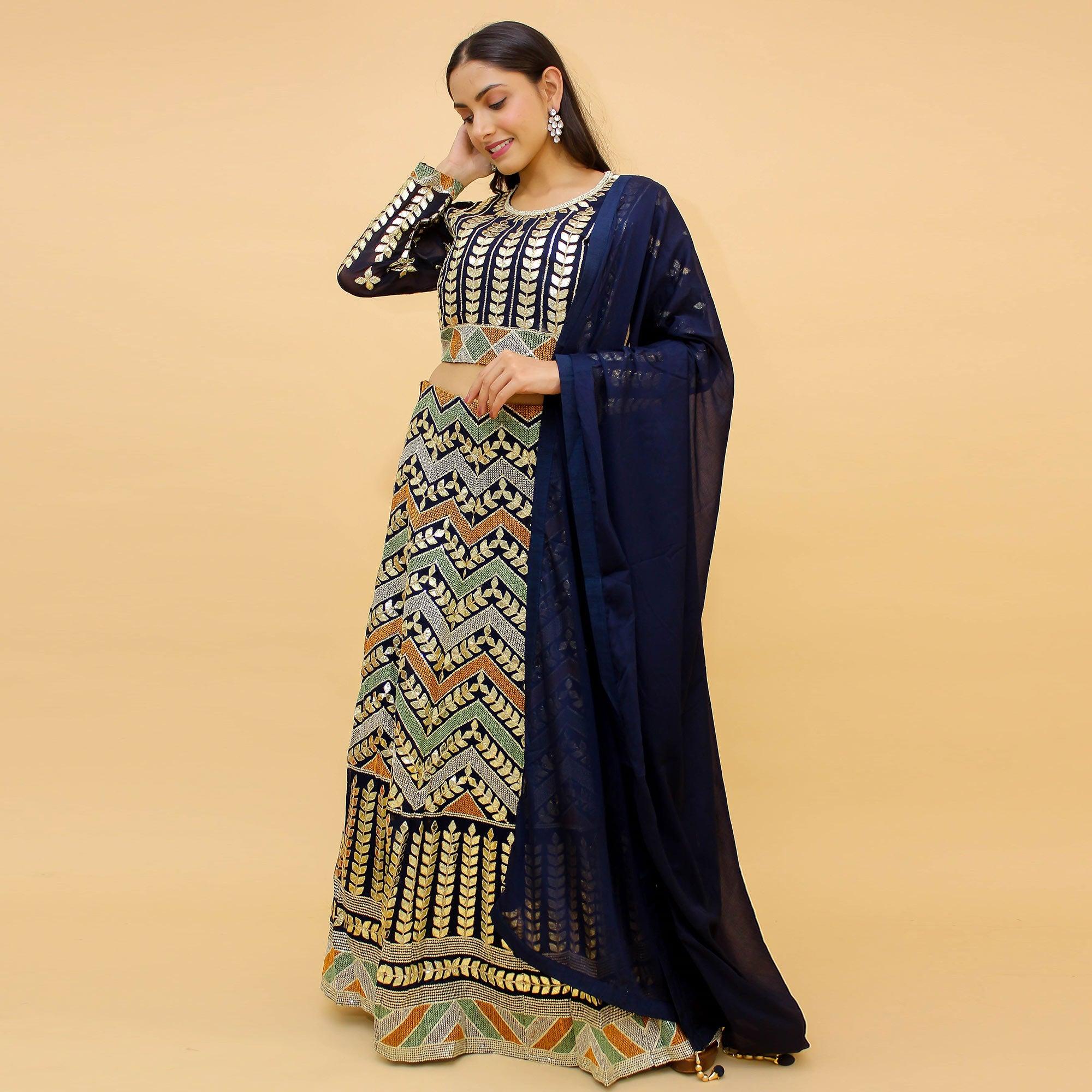 Navy Blue Sequence Embroidered Georgette Lehenga Choli - Peachmode