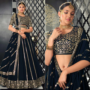 Navy Blue Sequence Embroidered Georgette Lehenga Choli - Peachmode