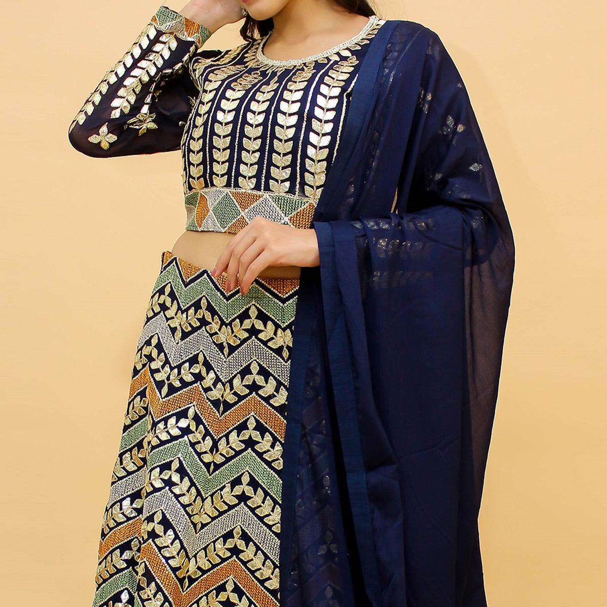 Navy Blue Sequence Embroidered Georgette Lehenga Choli - Peachmode
