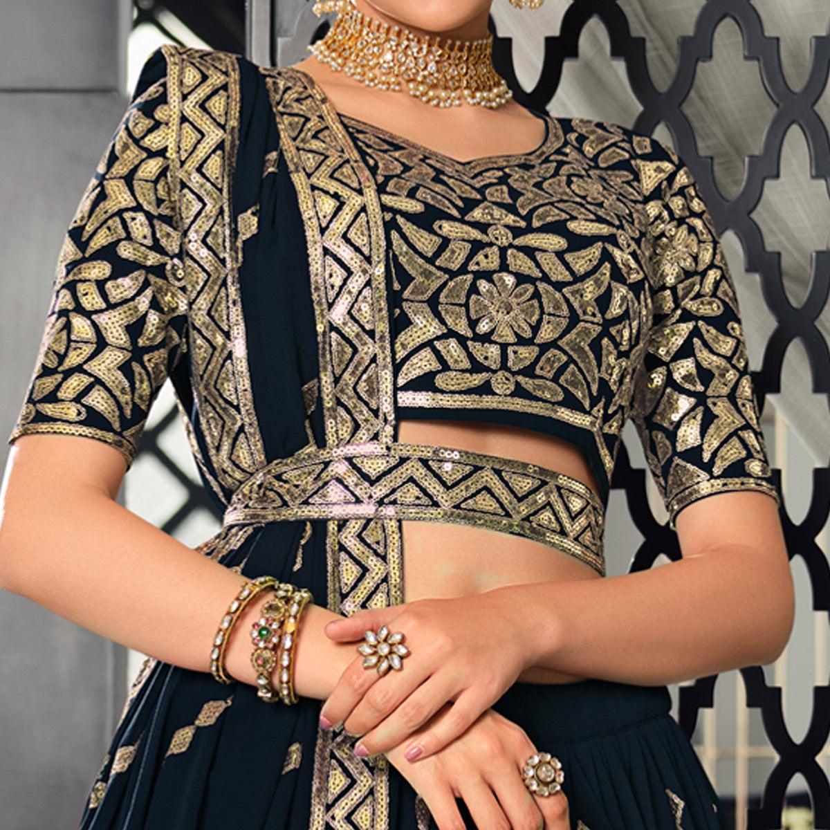 Navy Blue Sequence Embroidered Georgette Lehenga Choli - Peachmode