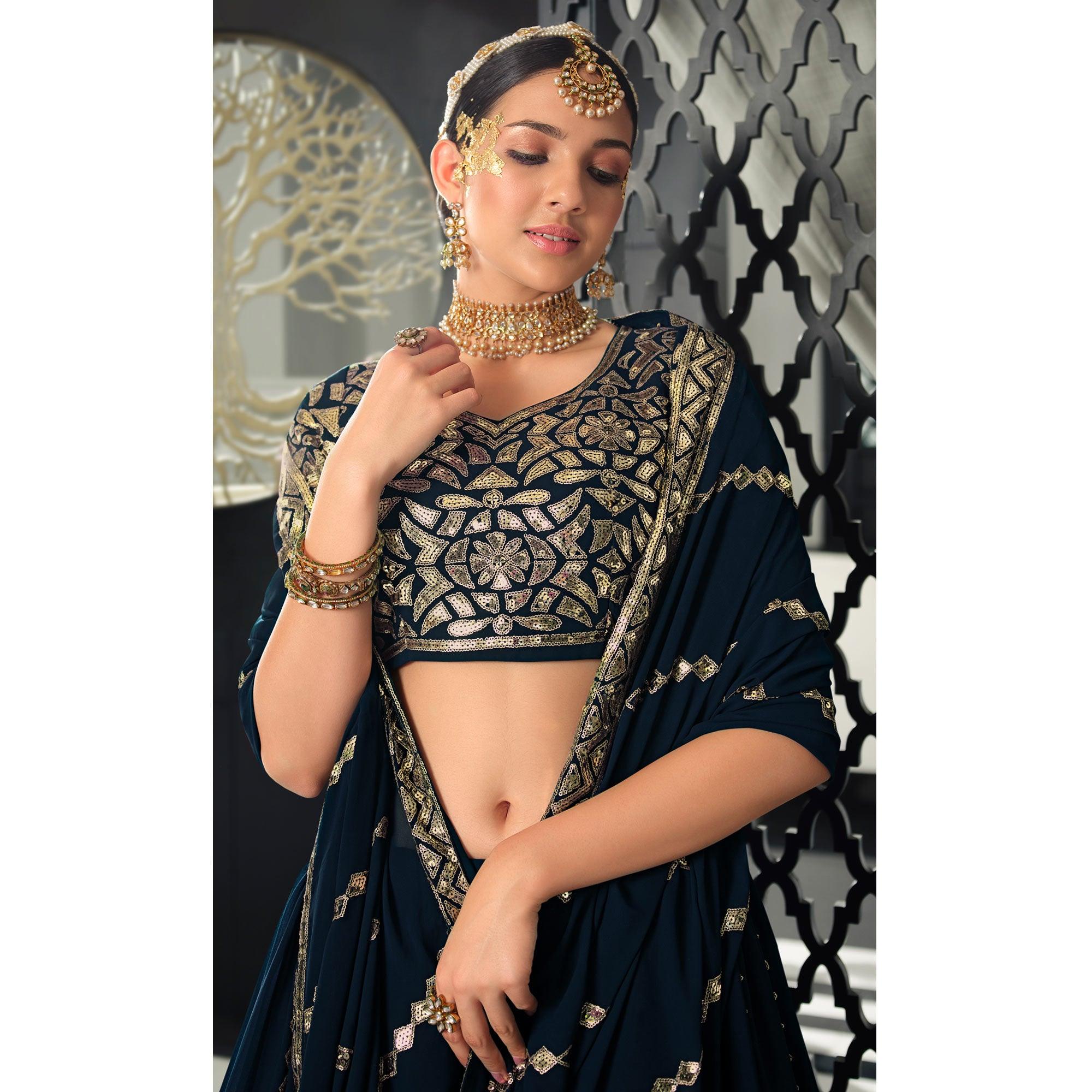 Navy Blue Sequence Embroidered Georgette Lehenga Choli - Peachmode