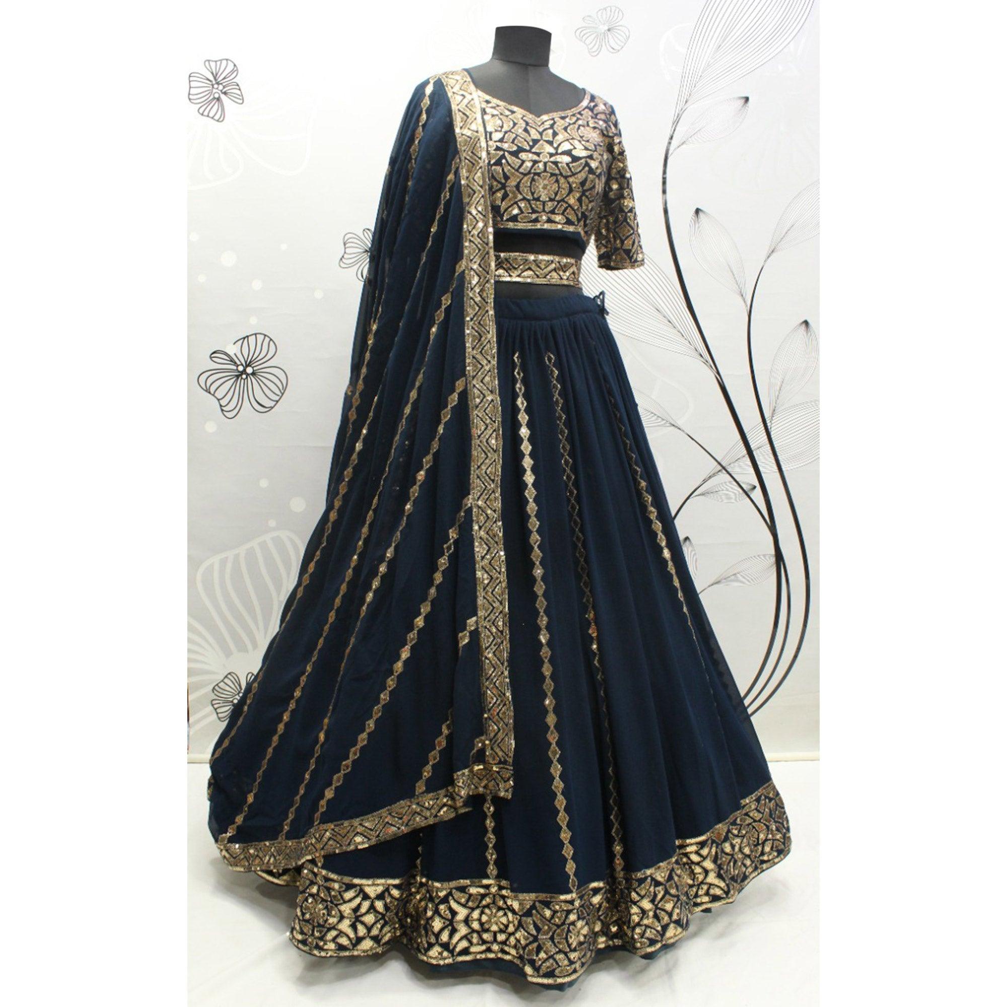 Navy Blue Sequence Embroidered Georgette Lehenga Choli - Peachmode