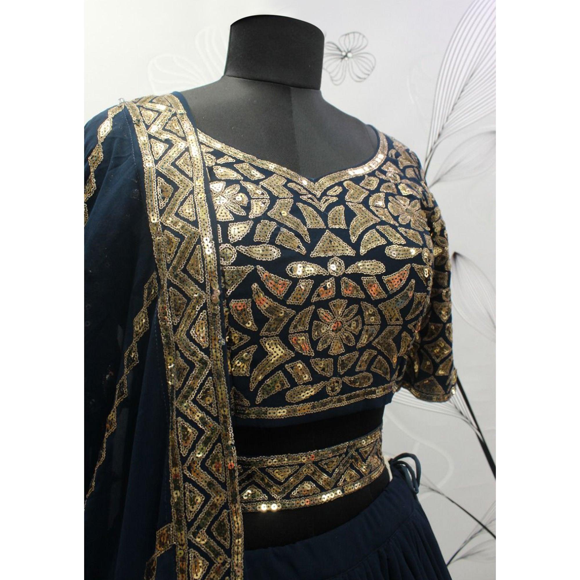 Navy Blue Sequence Embroidered Georgette Lehenga Choli - Peachmode