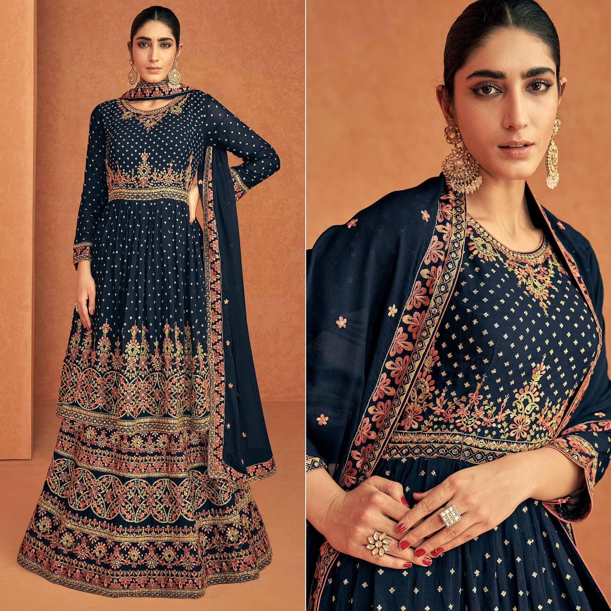 Navy Blue Sequence Embroidered Georgette Lehenga With Top - Peachmode