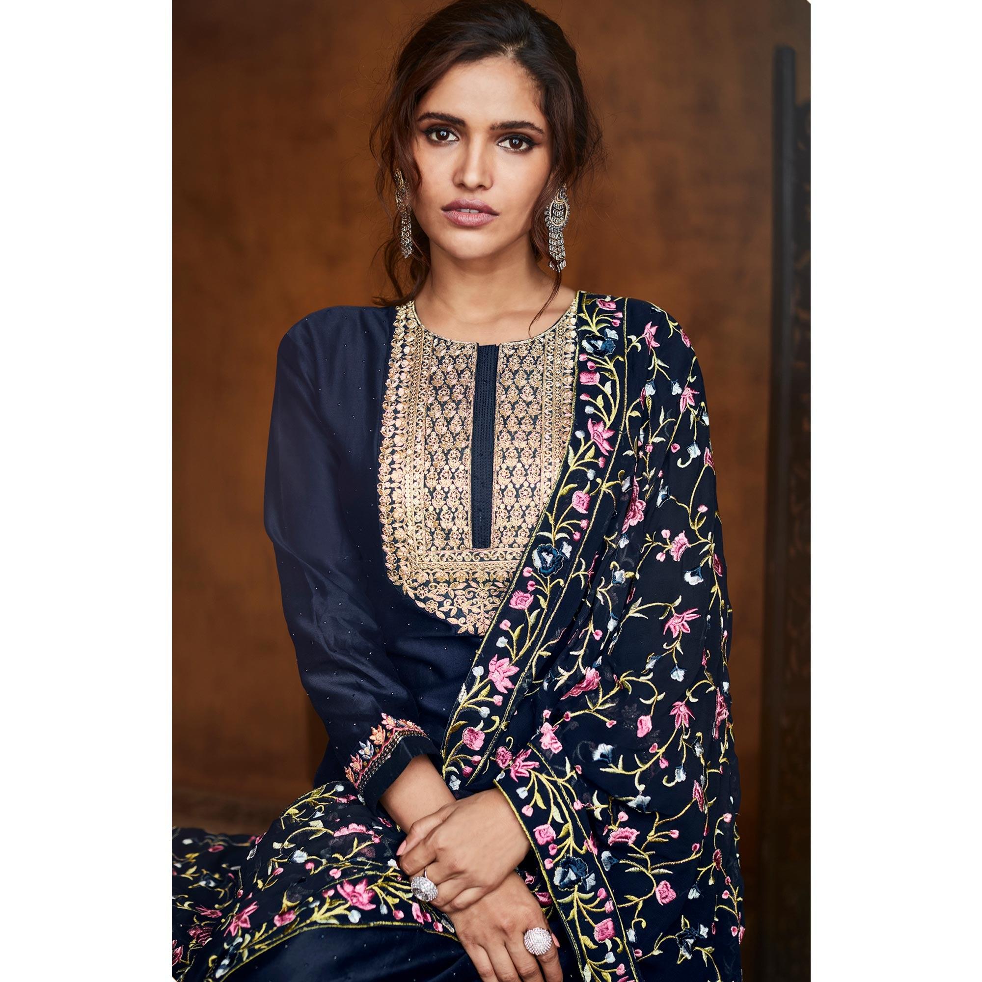 Navy Blue Sequence Embroidered Georgette Partywear Suit - Peachmode