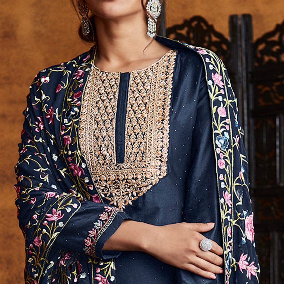 Navy Blue Sequence Embroidered Georgette Partywear Suit - Peachmode