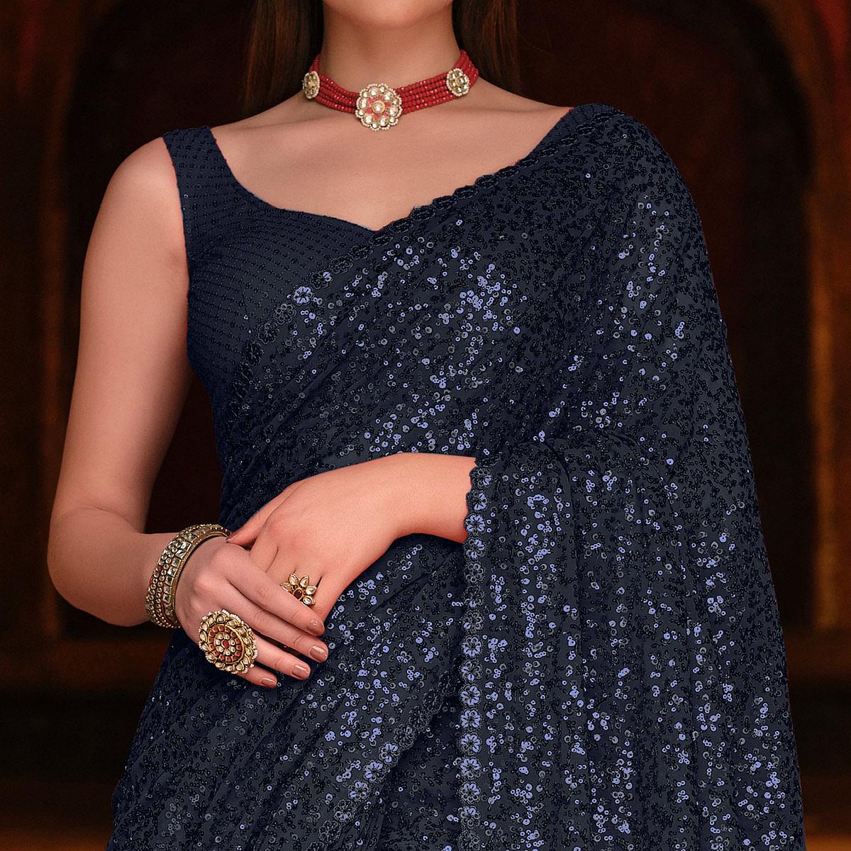 Navy Blue Sequence Embroidered Georgette Saree - Peachmode