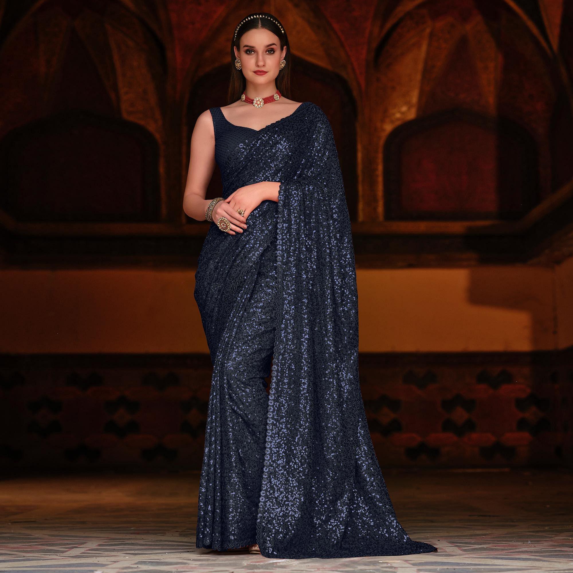Navy Blue Sequence Embroidered Georgette Saree - Peachmode