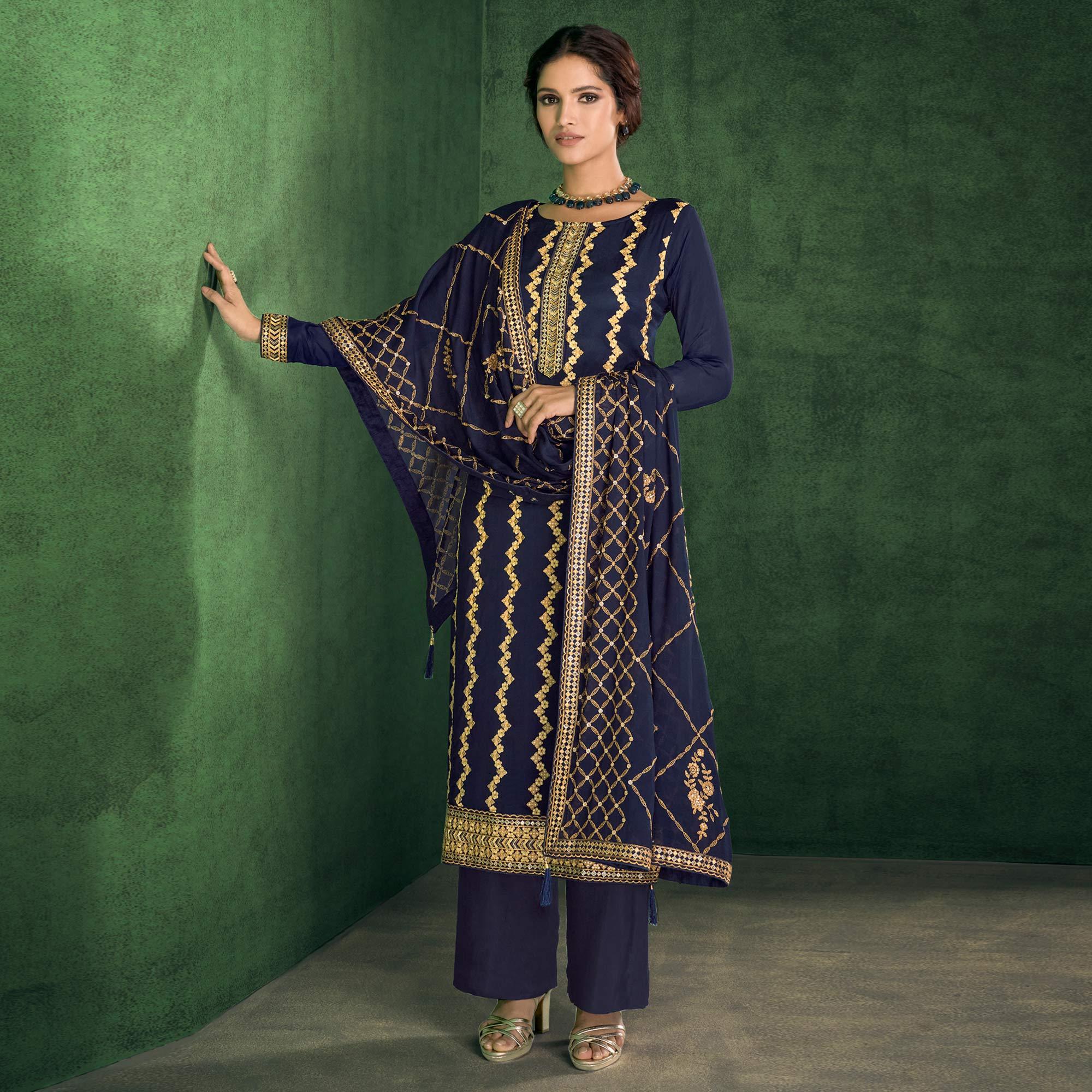 Navy Blue Sequence Embroidered Handwork Chiffon Partywear Suit - Peachmode