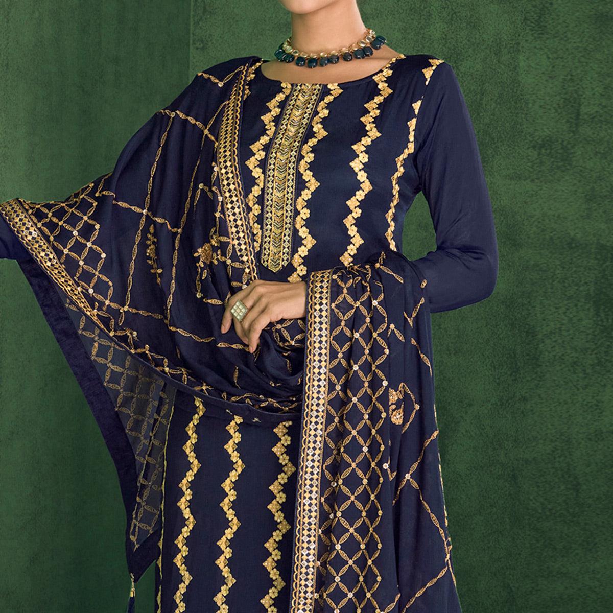 Navy Blue Sequence Embroidered Handwork Chiffon Partywear Suit - Peachmode