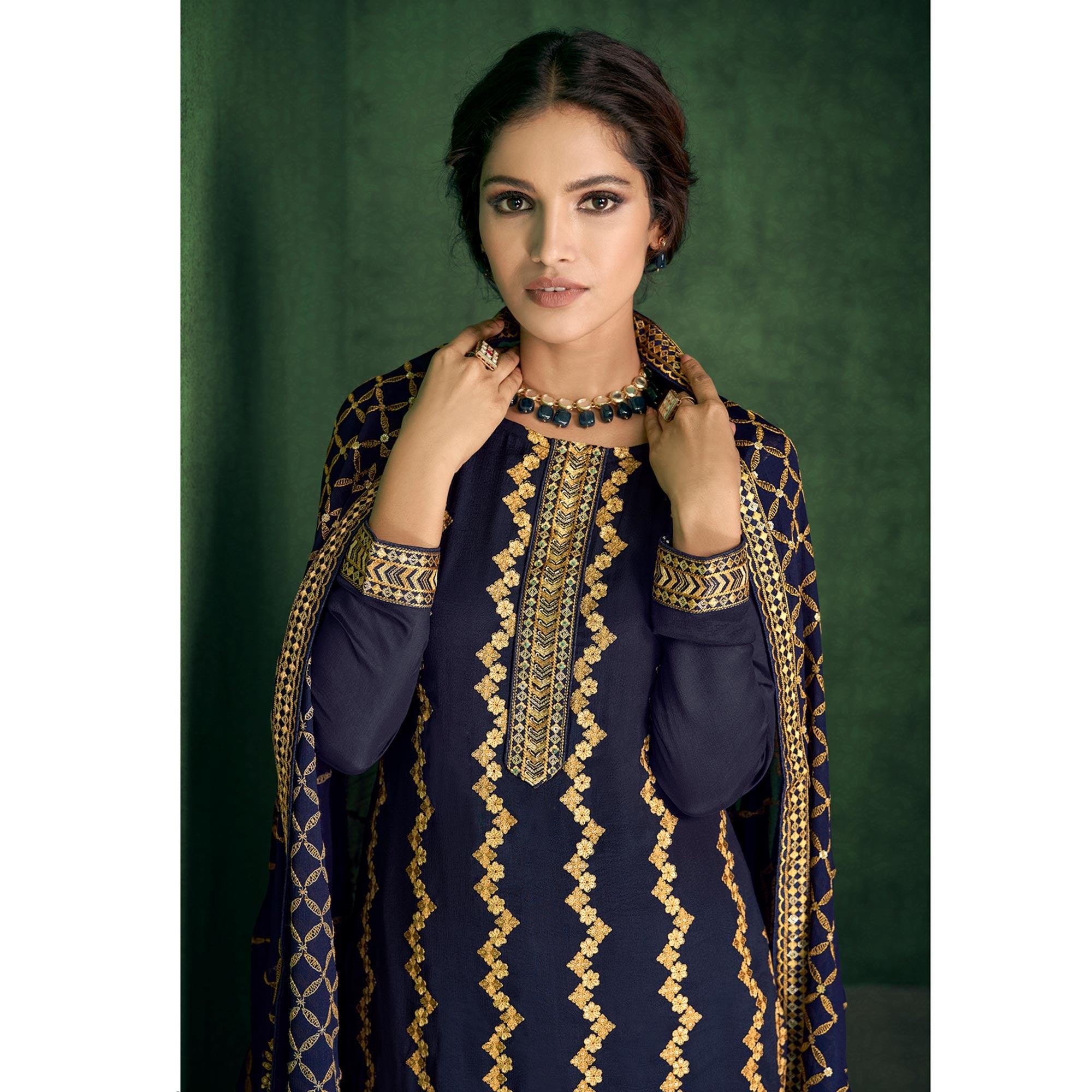 Navy Blue Sequence Embroidered Handwork Chiffon Partywear Suit - Peachmode