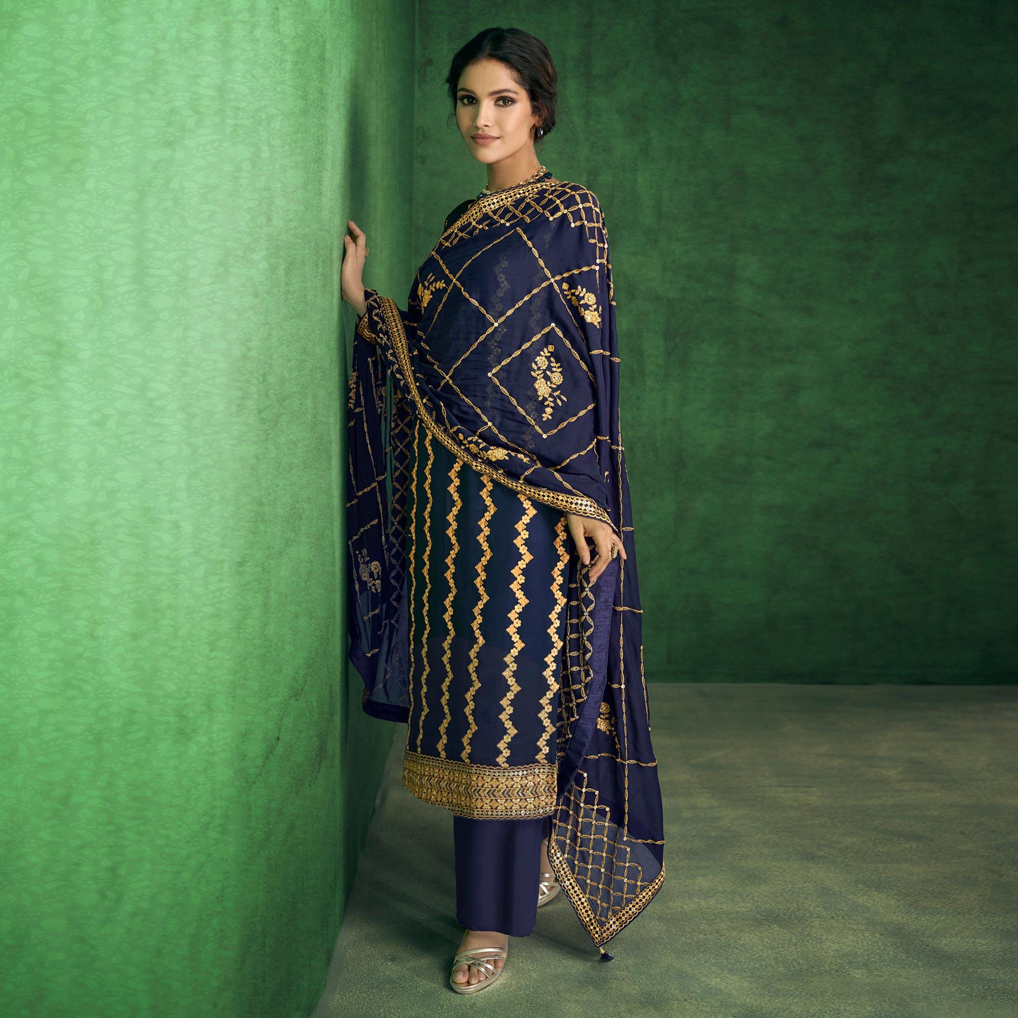 Navy Blue Sequence Embroidered Handwork Chiffon Partywear Suit - Peachmode