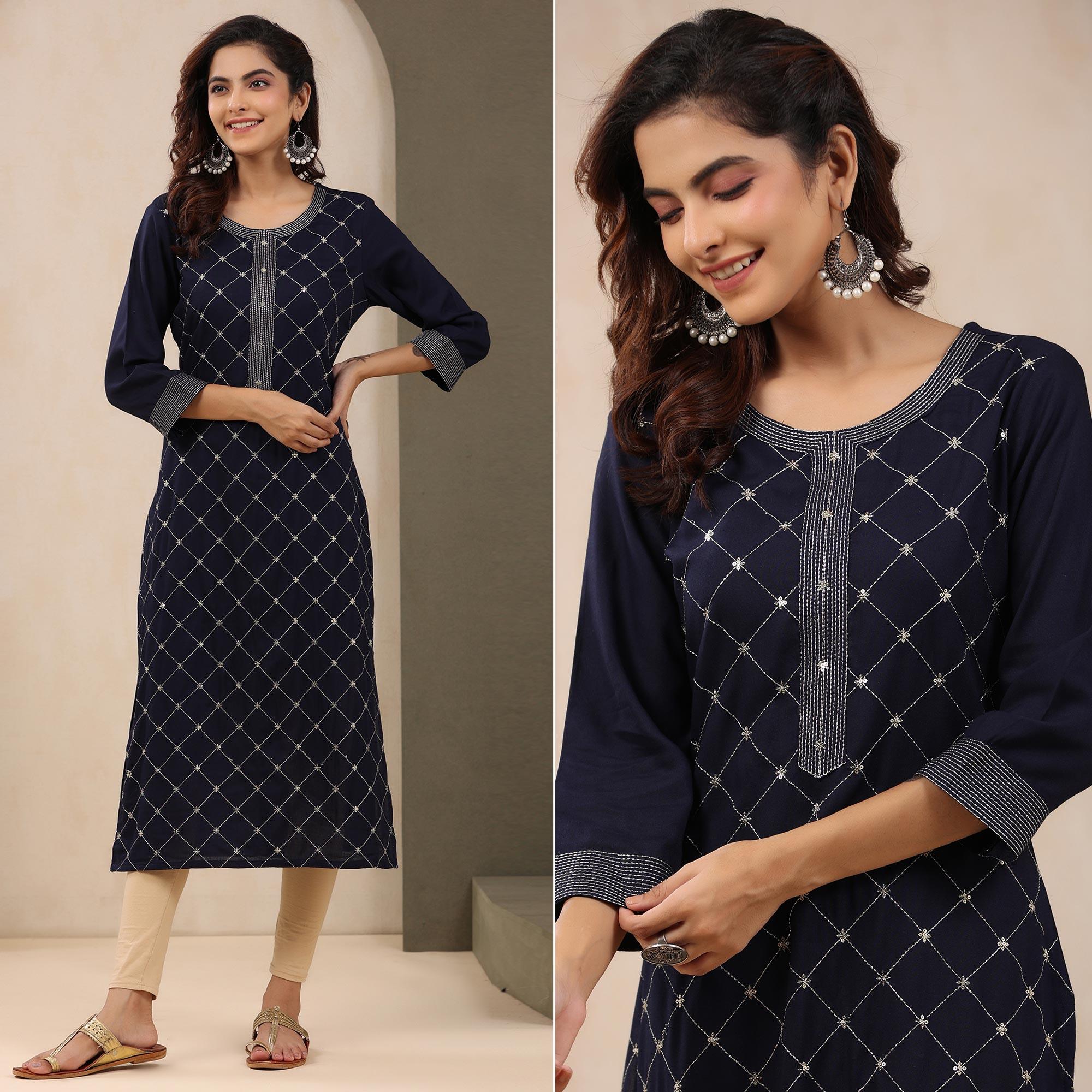 Navy Blue Sequence Embroidered Pure Cotton Kurti - Peachmode