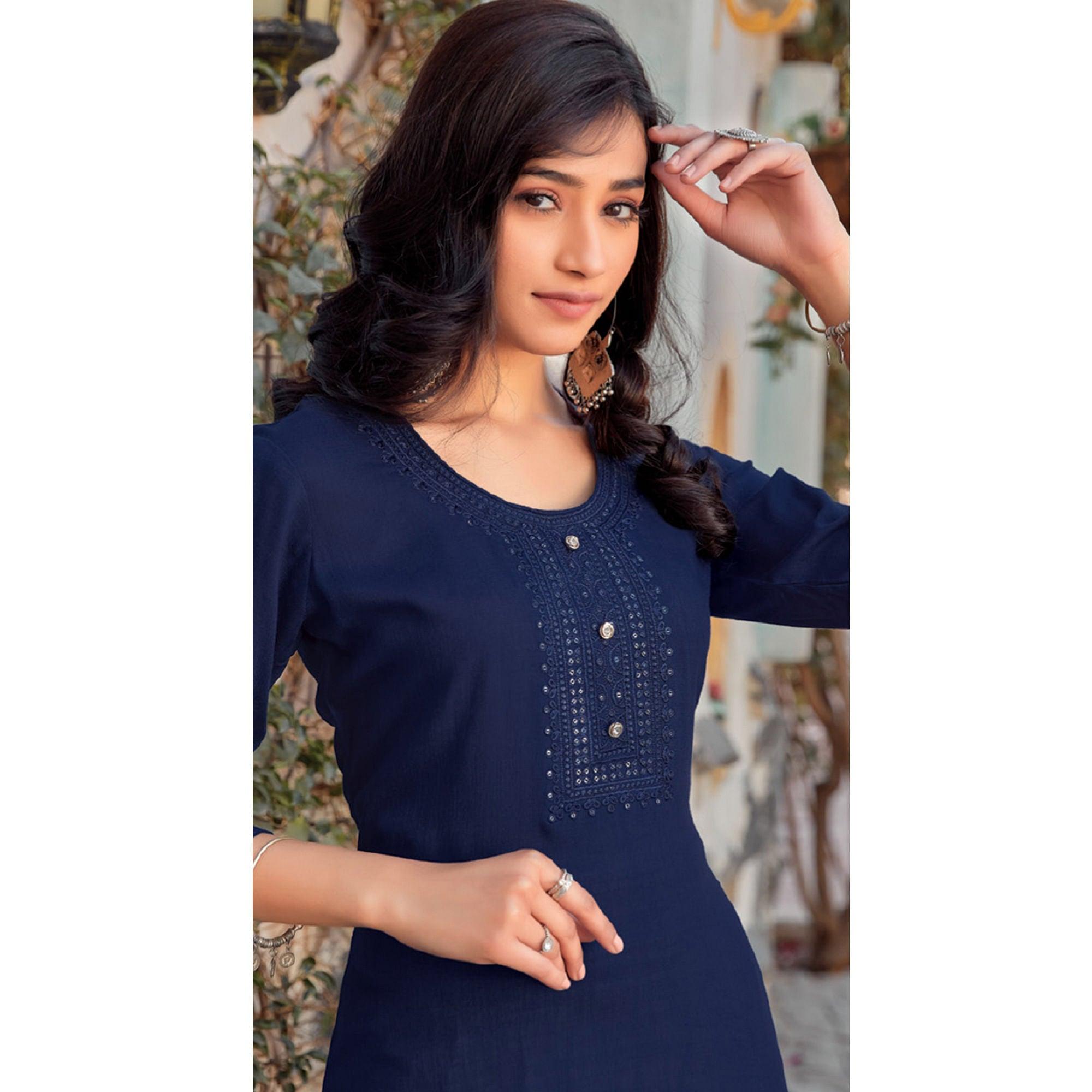 Navy Blue Sequence Embroidered Pure Cotton Kurti - Peachmode