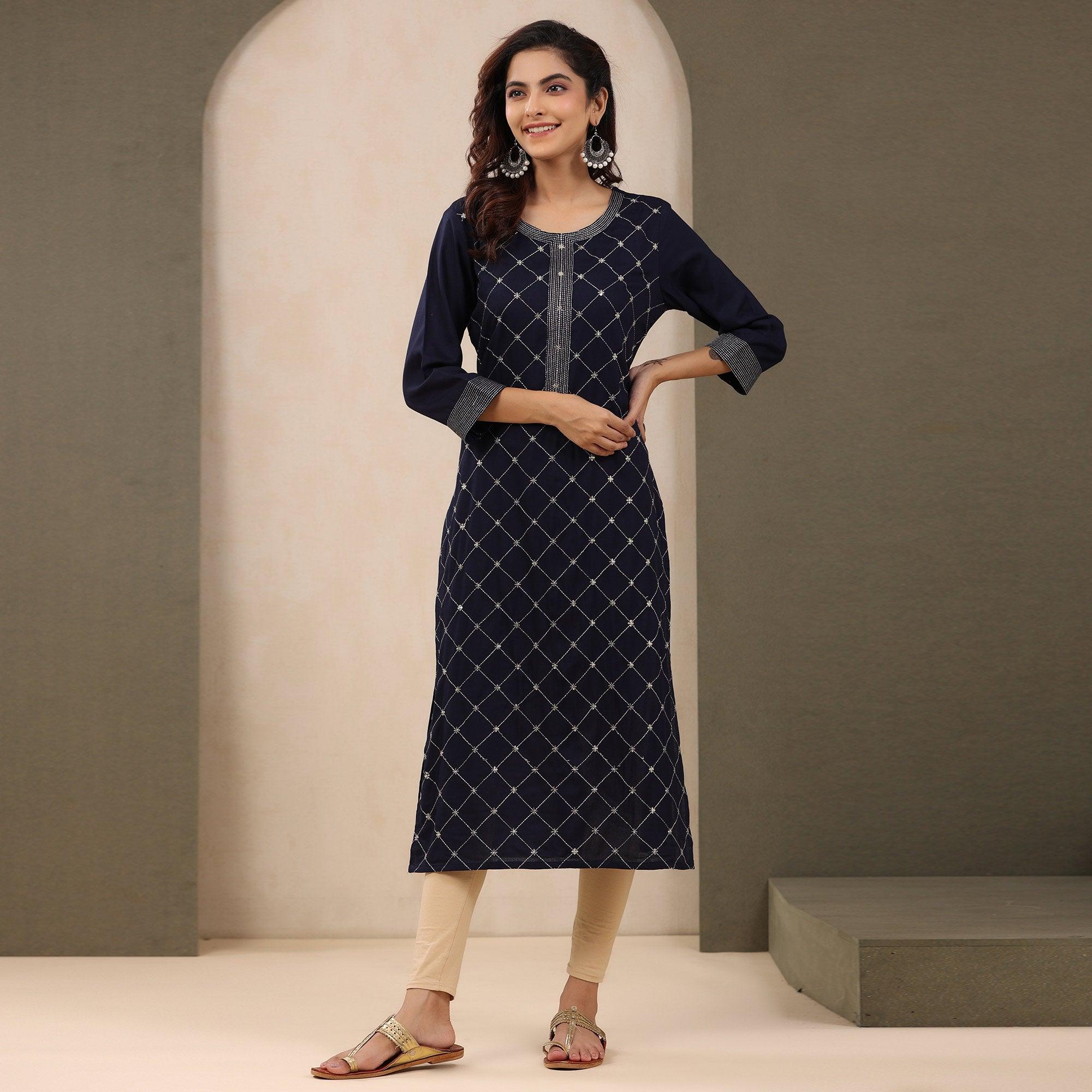 Navy Blue Sequence Embroidered Pure Cotton Kurti - Peachmode