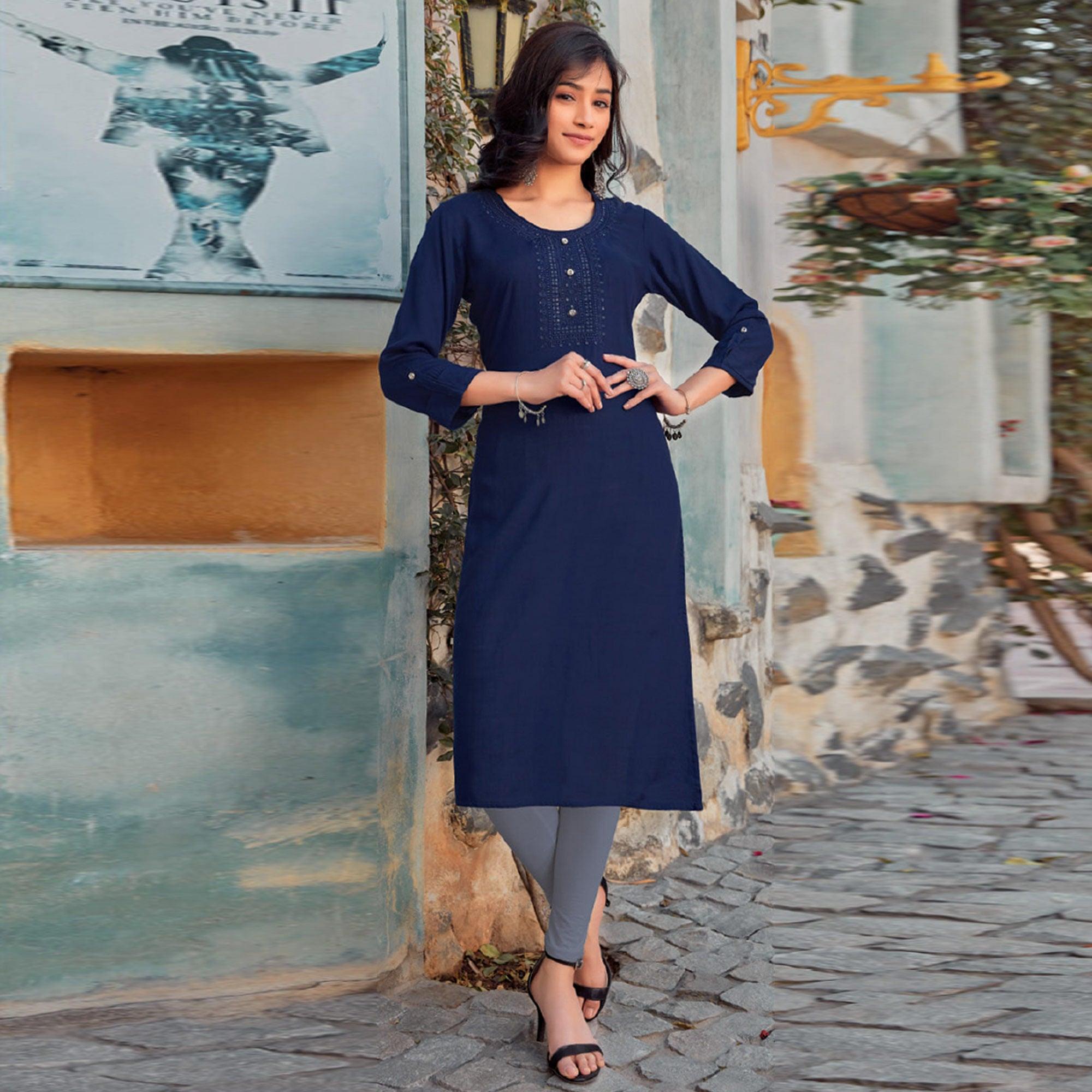 Navy Blue Sequence Embroidered Pure Cotton Kurti - Peachmode