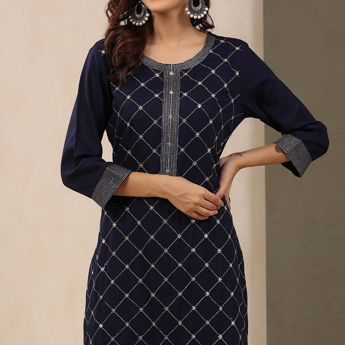 Navy Blue Sequence Embroidered Pure Cotton Kurti - Peachmode